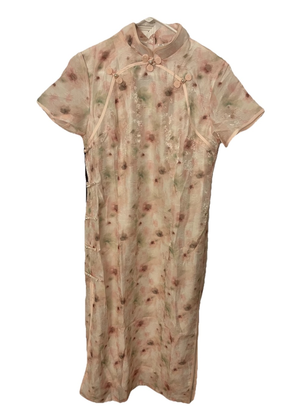Pink Floral Mandarin-Collar Midi Dress